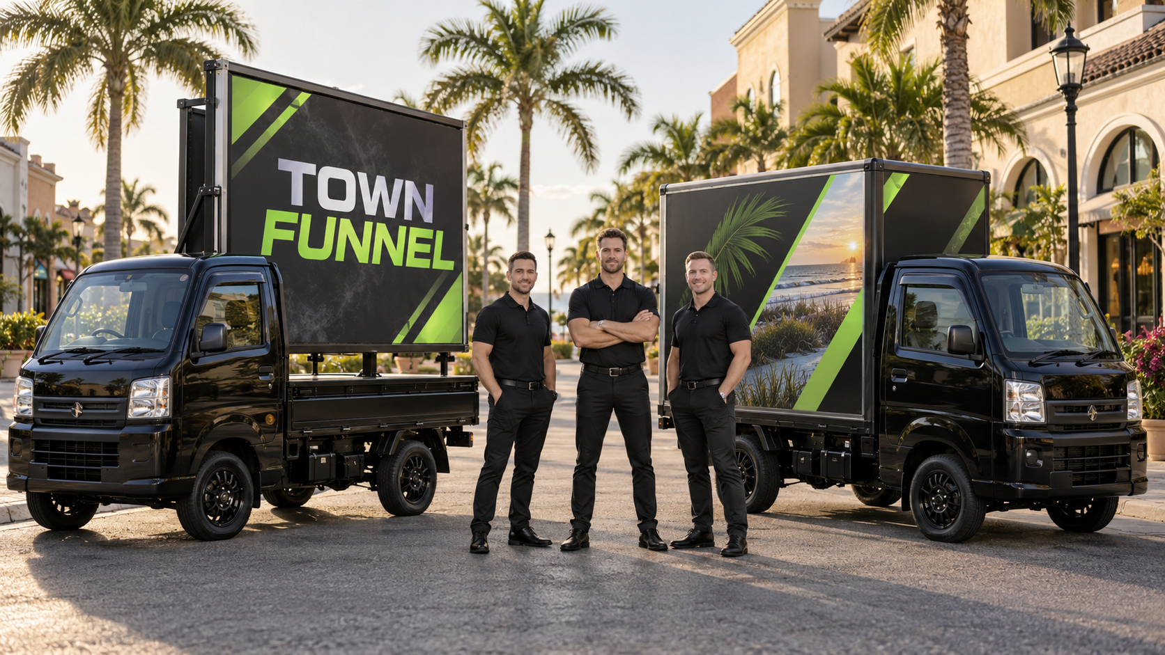 Town Funnel team beside two black Japanese mini trucks, including a mobile billboard truck